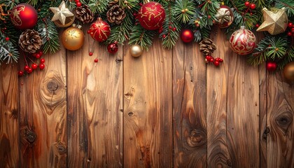 Christmas border. Wooden christmas frame with festive decorations and ornaments - baubles, tree branches and holly berries.