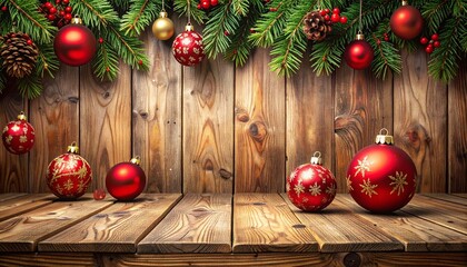 Wooden christmas background with decorations and ornaments - baubles, christmas tree branches and holly berries