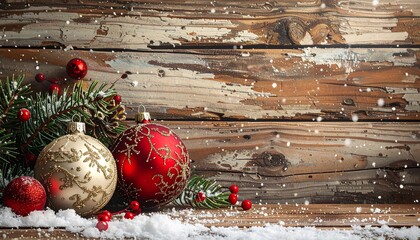 Wooden christmas background with decorations and ornaments - baubles, christmas tree branches and holly berries