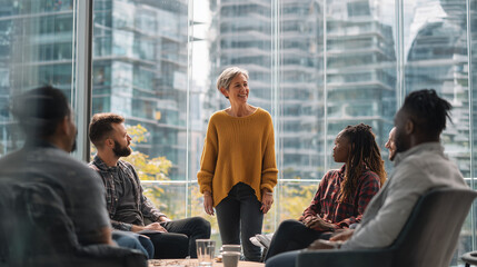 a diverse group of business people having a meeting, standing around a table and talking with a female leader or manager in an office conference room or lounge area.