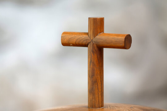 Praz sur Arly church. Christian cross on baptistery.  France.