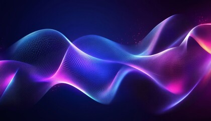 The illustration shows a dynamic wave formed by glowing particles, exhibiting a gradient of blue and pink hues on a dark background.