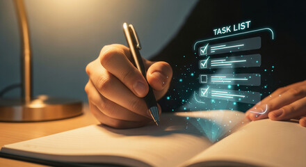 Person writing in a notebook with a digital task list overlay.