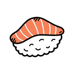 Hand Drawn Salmon Nigiri Sushi Isolated on White Background with Simple Outline and Orange and White Colors Representing Japanese Cuisine Staple