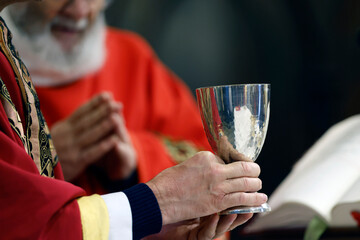 Sunday mass in a catholic parish. Eucharistic celebration. Chalice. Bonneville. France.