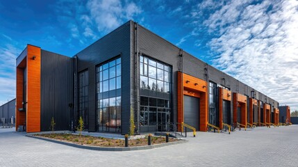 Fototapeta premium Modern Industrial Warehouse with Orange Accents and Blue Sky Background in a Clear Daylight Setting