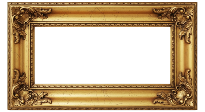A blank ornate golden horizontal picture frame cutout isolated transparent bg png