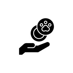 Black Silhouette Icon of A Hand Gently Holding Two Paw Print Shaped Cookies Against A White Background Representing Love And Care For Pets