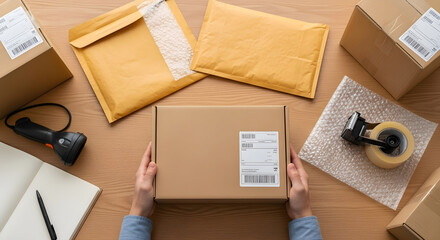Hands holding a package surrounded by shipping supplies for delivery