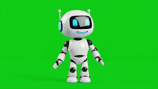 Cute 3D mini robot character animation with hand waving motion. Green screen background. Perfect looping. Artificial intelligence virtual assistant robot.