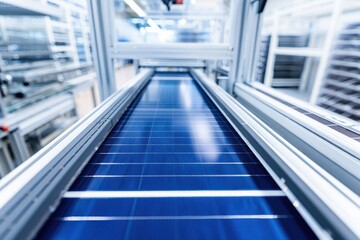 Fototapeta premium Industrial solar panel conveyor system with blue modules in a high tech facility