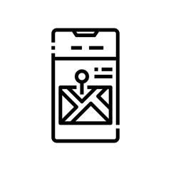 Black Outline Icon of a Smartphone Displaying an Envelope with a Location Pin on a Transparent Background