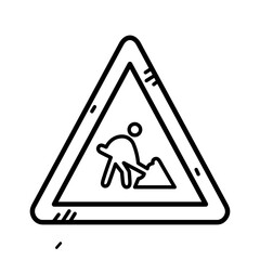 Black Outline Icon of a Road Work Construction Warning Sign with a Person Digging on a Transparent Background