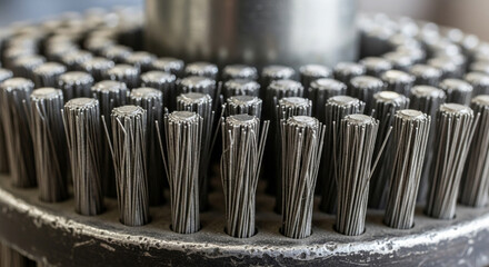Closeup of a metal brush, showcasing its bristles and texture, suitable for industrial or cleaningrelated themes, highlighting durability and function