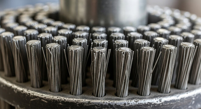 Closeup of a metal brush, showcasing its bristles and texture, suitable for industrial or cleaningrelated themes, highlighting durability and function