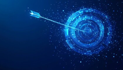 The illustration shows a glowing blue arrow striking a circular target composed of interconnected nodes and lines.