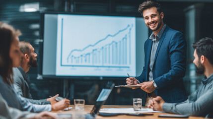 a diverse group of business people having a meeting, standing around a table and talking with a female leader or manager in an office conference room or lounge area.