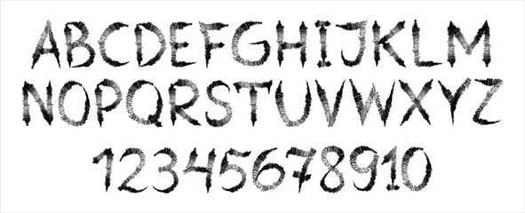 Gel pen kids font, doodle playful alphabet with hand drawn letters and numbers in grunge style. Vector ink pen ABC for educational banners, school, kindergarten, learning and children design.