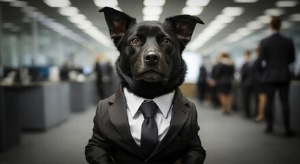 Black dog in black suit and black tie with office background. Corporate black dog dressed in business suit with office scene. Office illustration of black dog.
