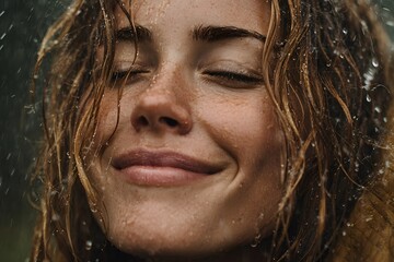 Fototapeta premium Joyful, close-up photograph captures a smiling woman with her eyes closed, feeling the refreshing rain fall on her face in a moment of pure bliss.