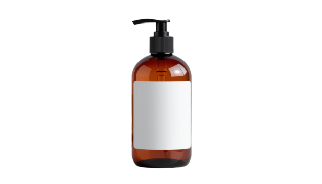 Amber Plastic Pump Bottle Home Bathroom Product Photography Minimalistic Close-Up Sustainable Packaging