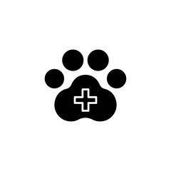 Black Paw Print with White Plus Symbol Inside Represents Animal Healthcare Veterinary Service Symbol Isolated on Transparent Background