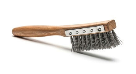 Woodenhandled wire brush with metal bristles, used for cleaning and scrubbing, set against a clean white background isolated on white background