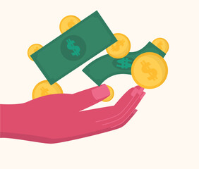 Hand with Money and Gold Coins in the Palm of the Hand. Spending Concept Illustration