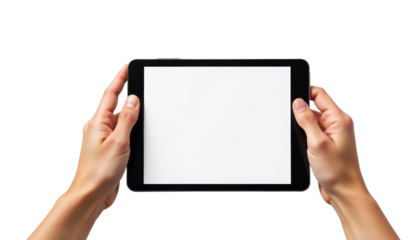Hands Holding a Tablet in a Minimalist Room Digital Display Modern Environment Close-up View