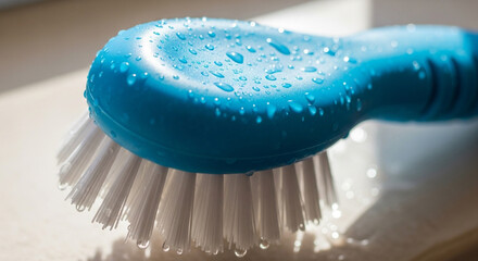 Closeup of a blue plastic scrub brush with white bristles and water droplets on a white surface, creating a clean and fresh impression isolated on white background