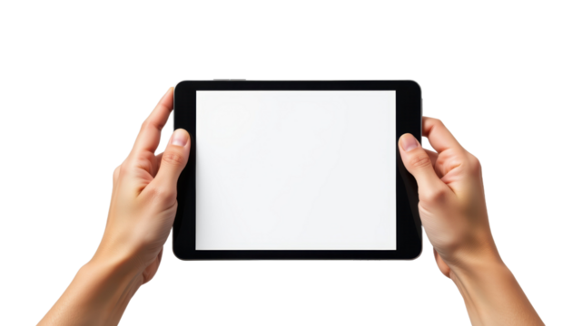 Hands Holding a Tablet in a Minimalist Room Digital Display Modern Environment Close-up View