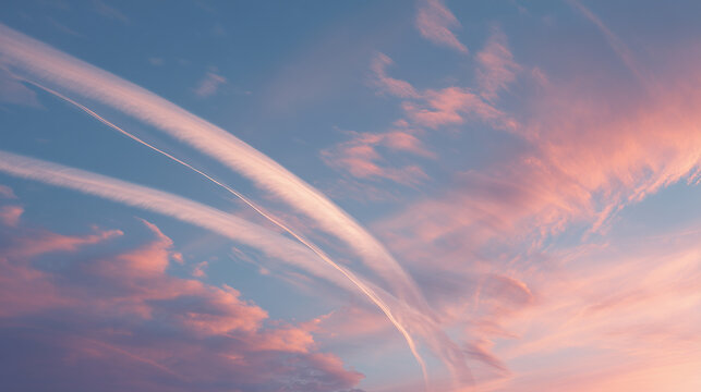Contrail arcs create artistic patterns in a pastel sunset sky with soft glowing clouds