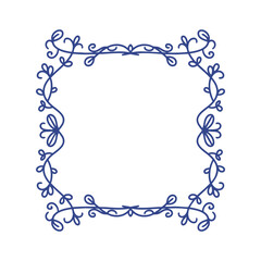 Hand drawn blue wooden frame with decorative border, linear sketch style, clean whimsical pencil doodle.