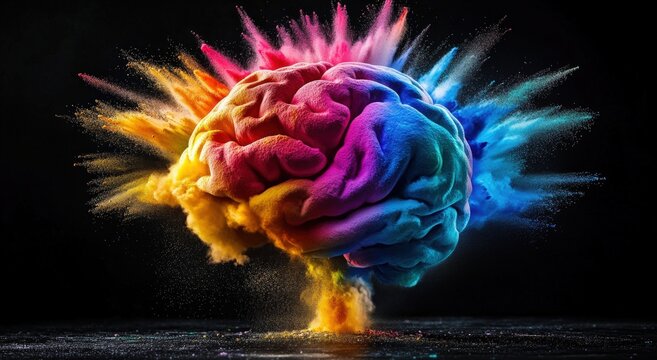 A vibrant, artistic representation of a brain exploding with colorful powders, symbolizing creativity and imagination.