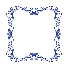 Hand drawn blue wooden frame with decorative border, linear sketch style, clean whimsical pencil doodle.