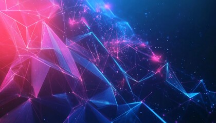 The illustration shows a network of interconnected lines and nodes in shades of pink and blue, creating an abstract digital design.