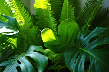 Lush tropical leaves with glossy green textures and sunlight play