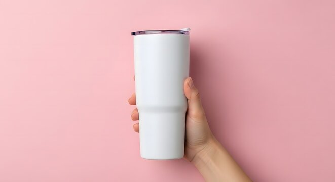 Hand holding a white stainless steel tumbler on a pink background isolated on white background