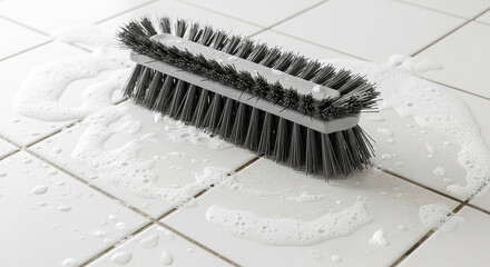 A black scrub brush cleans tile floor with soap and water, perfect for maintaining a clean and hygienic home or commercial space