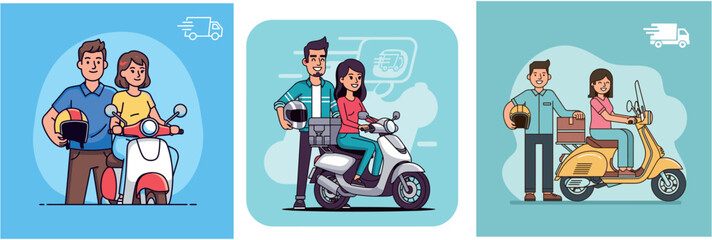 Three illustrations of couples with scooters, one delivering a package.