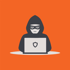 An illustration of a hooded figure wearing sunglasses, working on a laptop with a shield icon, against an orange background, symbolizing cybersecurity or hacking.