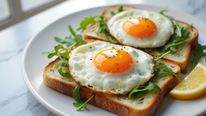 Sunny breakfast toast with fried eggs and fresh greens on plate