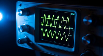 Symbol of technology: oscilloscope screen showing wave patterns under soft blue light