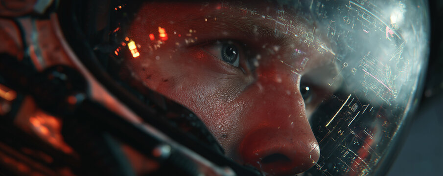Reflected image of an astronauts face in cockpit with holographic displays and advanced HUD graphics - Powered by Adobe