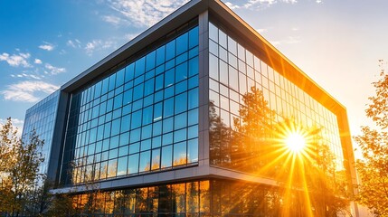 Modern office building with glass facade and sun shining through the trees