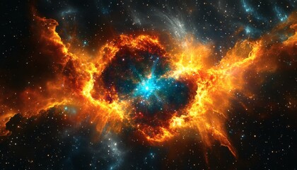 Fototapeta premium This illustration shows a nebula with vibrant orange and blue hues, depicting a cosmic cloud formation in deep space with bright stars.