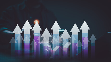 Digital business concept showing financial market growth. Hand interacts virtual interface, representing investment success, economic progress, strategic development. Abstract background highlights