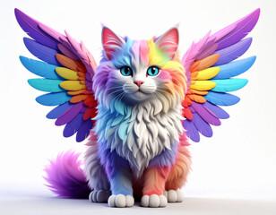 Whimsical Fluffy Rainbow Winged Cat Isolated