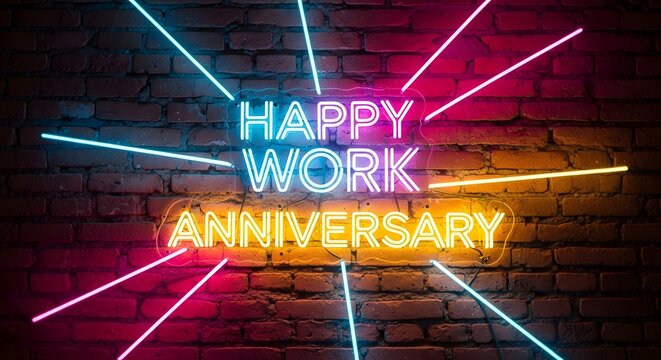 Bright neon sign on brick wall wishing happy work anniversary to employee