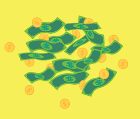 Moneys spread with Gold Coins with Yellow Background